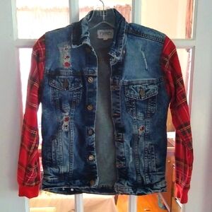 FWRD -Denim Distressed Red Plaid Sleeves Jacket - Size M